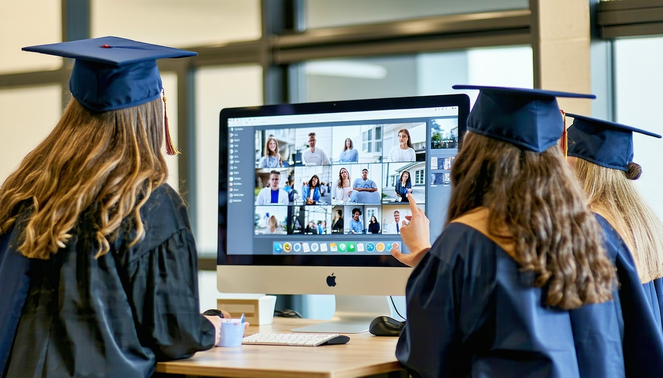 Parents and students reviewing graduation information online